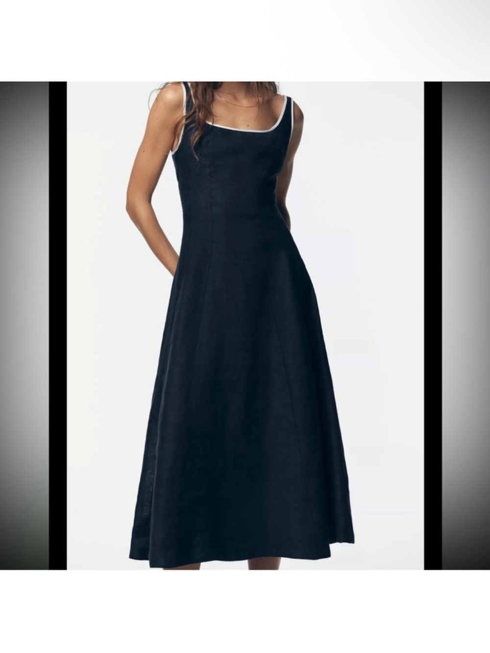 Zara new navy  Midi linen Scoop-Neck Dress with White Trim